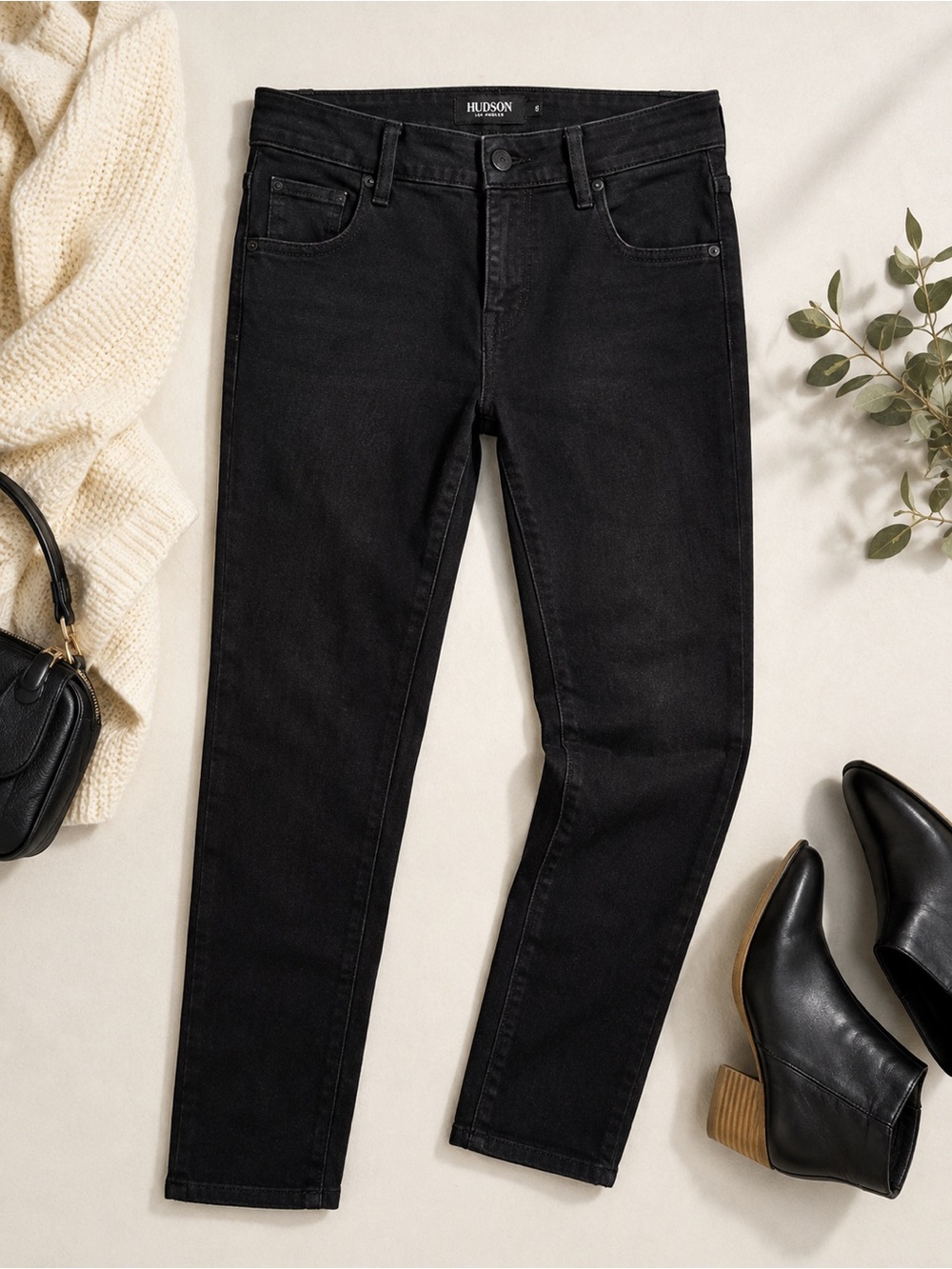 Hudson Los Angeles Black Skinny Jeans Size 8 Flap Pocket Stretch Denim 0042